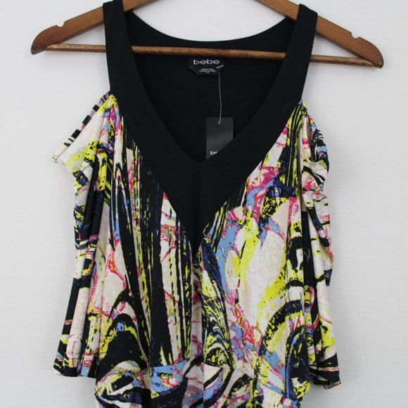 ⬇️$15 Bebe Black & White Cold Shoulder V-Neck Top - Picture 2 of 16